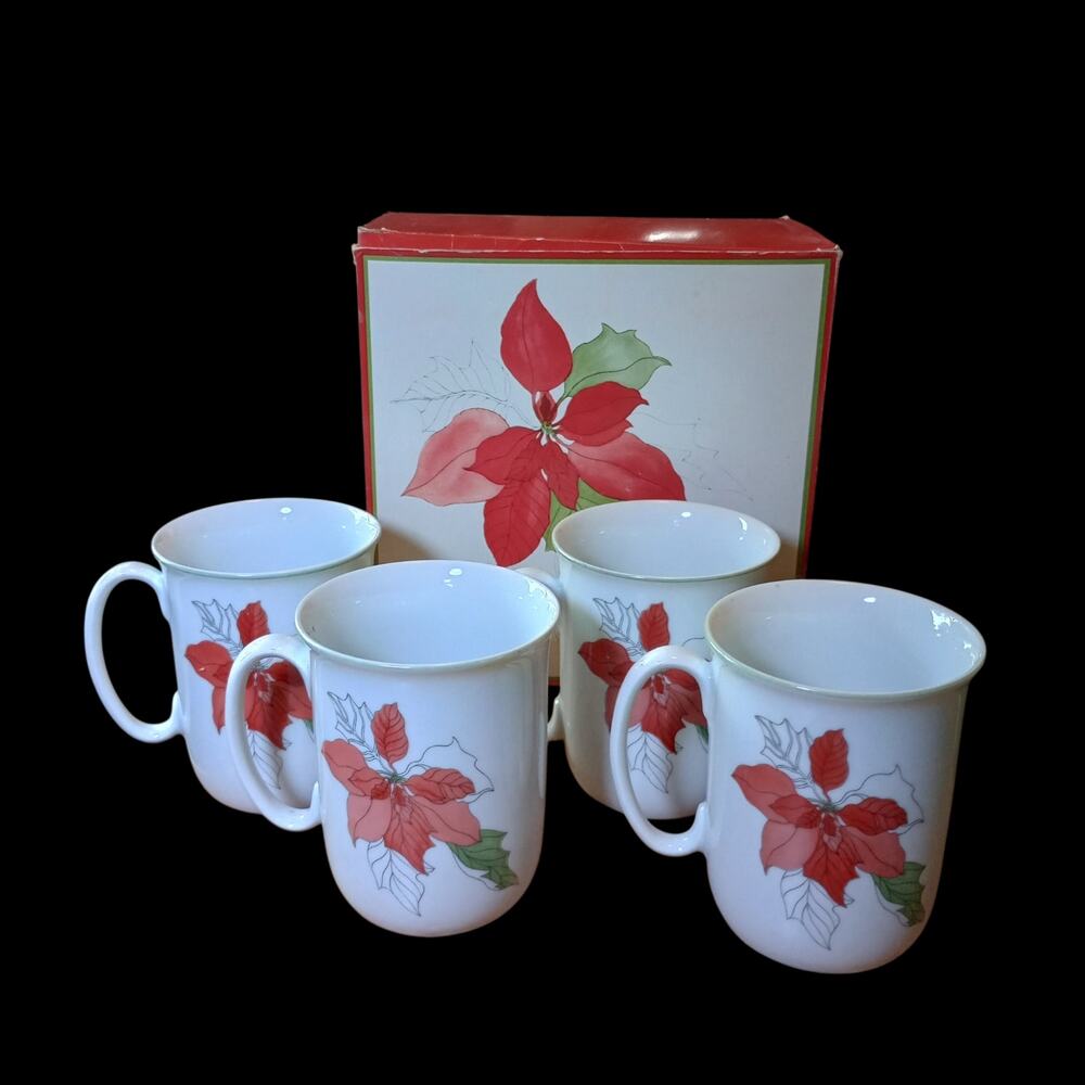 Block Bernarda Portugal Watercolor Poinsettia Set/4 Mugs by Mary Lou Goertzen